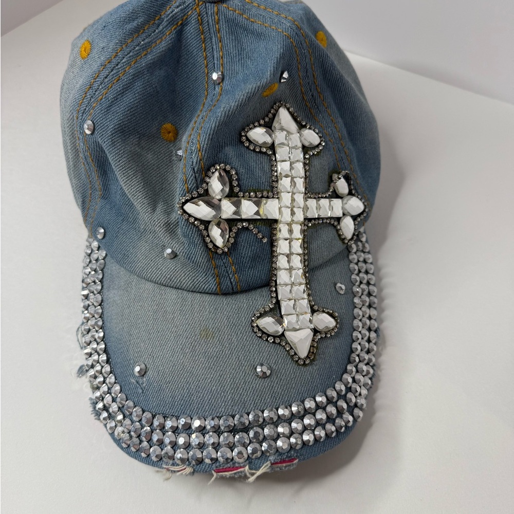 Embellished Denim Cap with Cross Design